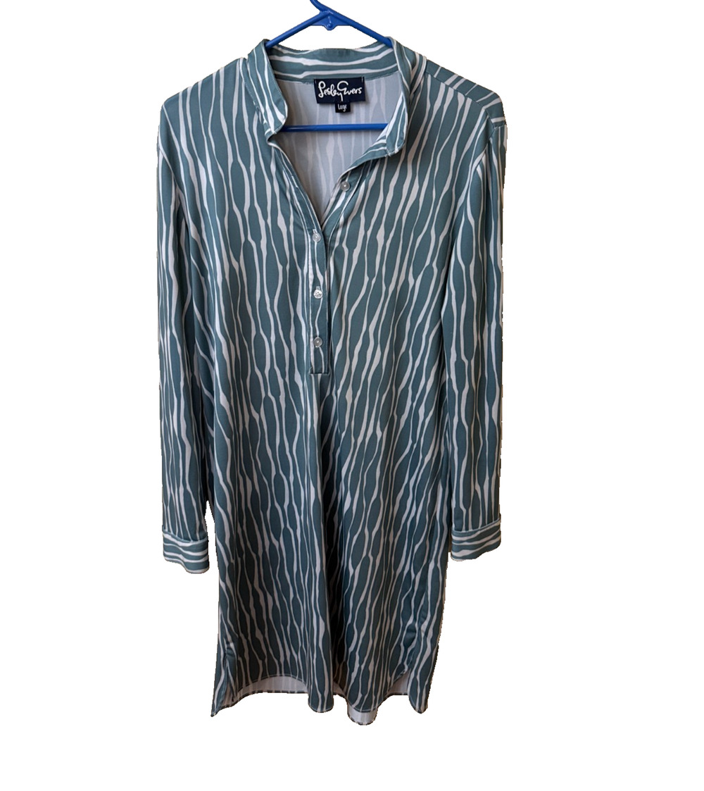 Lesley Evers Blue white geometric shirt dress Midi artsy avant-garde lagenlook L